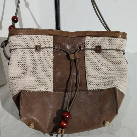 Weaved brown/off white boho bucket Nanette Lepore handbag - Picture 1 of 9